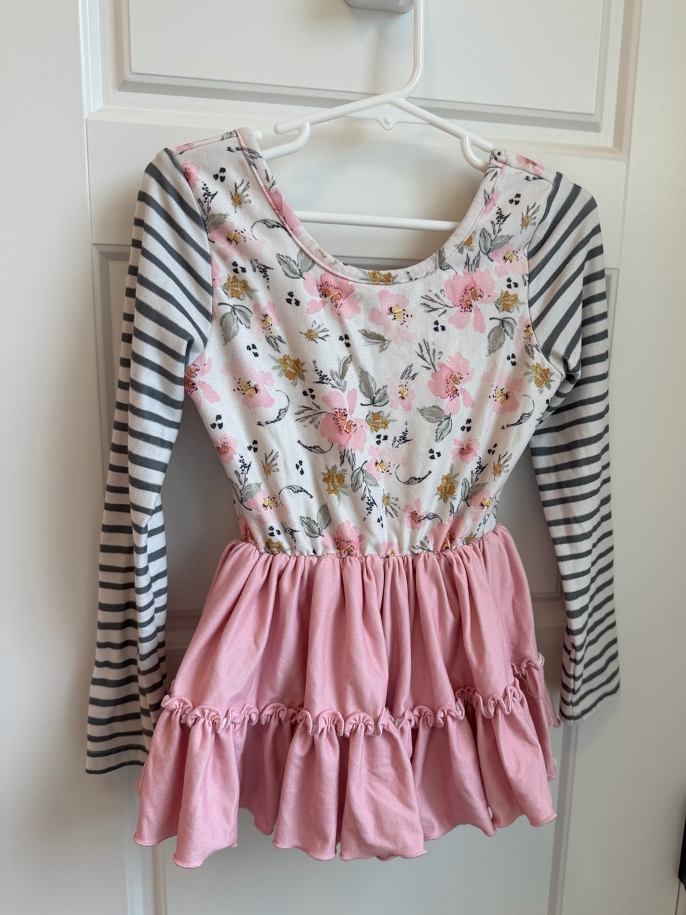 cheeky plum Farah Leotard Pink Floral & Gray Stripe Ruffle One-Piece